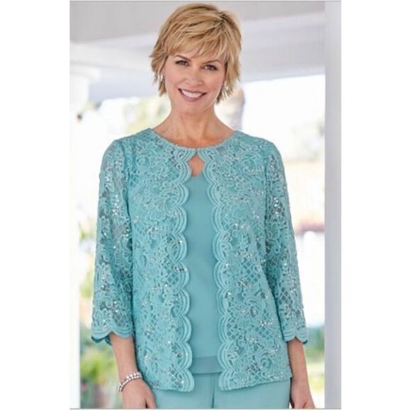Alex Evenings size 1X turquoise dress jacket Sequin Lace Chiffon Round Neck 3/4 - Picture 3 of 7